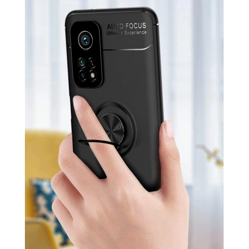 Xiaomi Mi 10T Pro Kılıf Renkli Silikon Yüzüklü Standlı Auto Focus Ravel Kapak - Mavi - Siyah