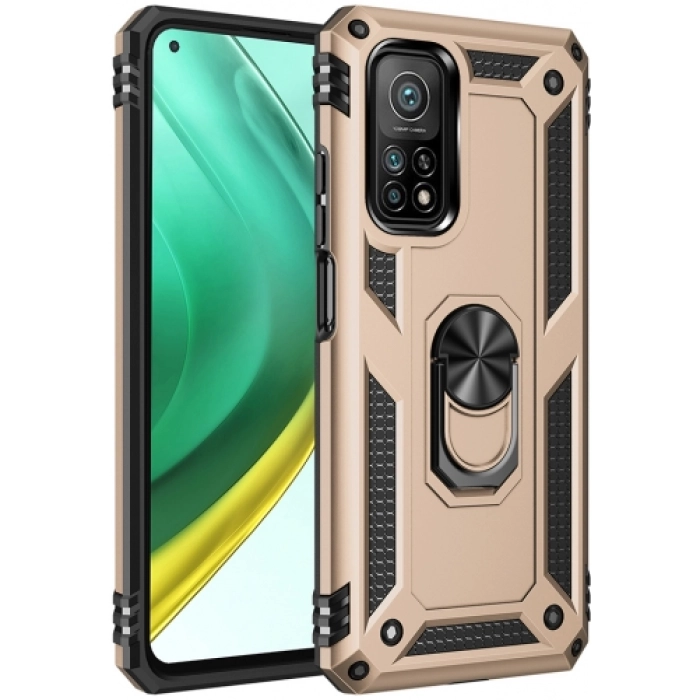 Xiaomi Mi 10T Pro Kılıf Silikon Zırhlı Standlı Yüzüklü Mıknatıslı Tank Kapak - Gold