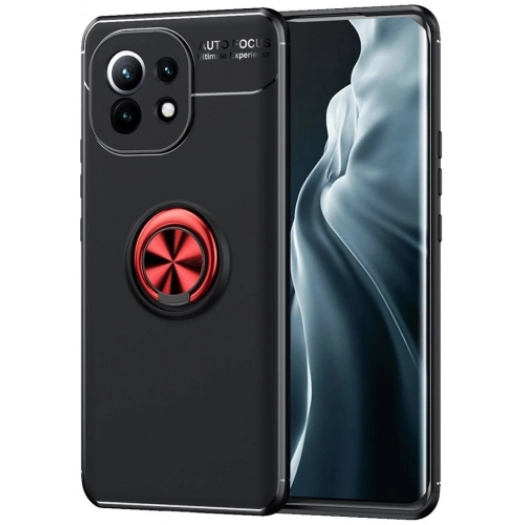 Xiaomi Mi 11 Kılıf Renkli Silikon Yüzüklü Standlı Auto Focus Ravel Kapak - Kırmızı - Siyah