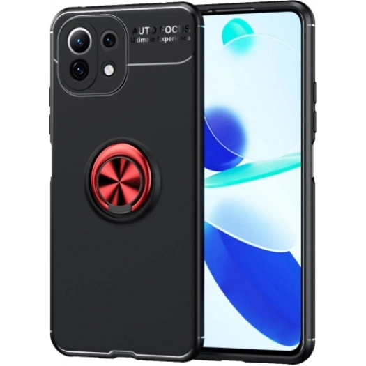 Xiaomi Mi 11 Lite Kılıf Renkli Silikon Yüzüklü Standlı Auto Focus Ravel Kapak - Kırmızı - Siyah