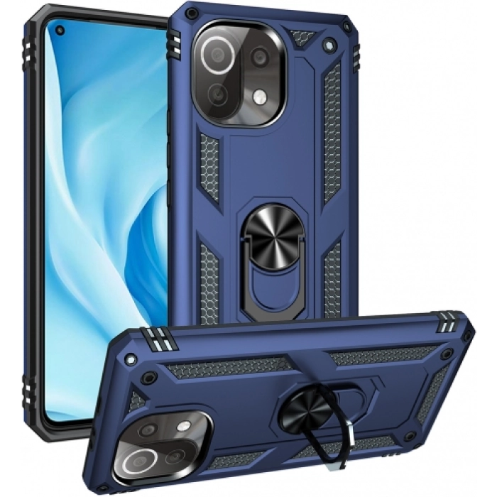 Xiaomi Mi 11 Lite Kılıf Silikon Zırhlı Standlı Yüzüklü Mıknatıslı Tank Kapak - Lacivert