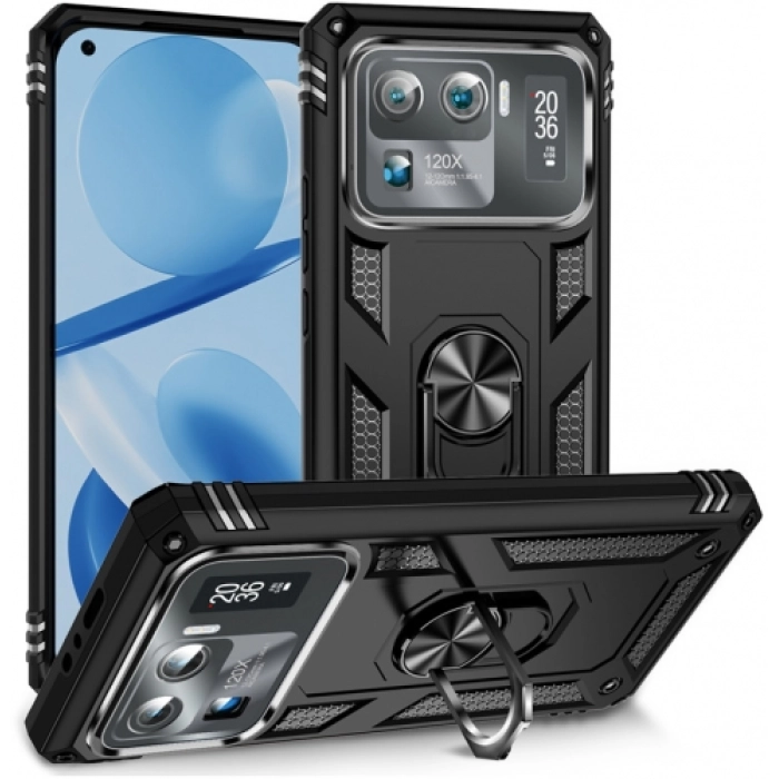 Xiaomi Mi 11 Ultra Kılıf Silikon Zırhlı Standlı Yüzüklü Mıknatıslı Tank Kapak - Siyah