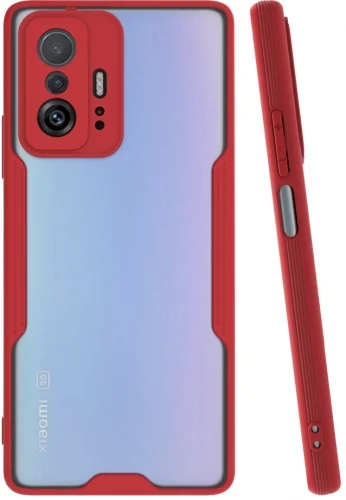Xiaomi Mi 11T Kılıf Kamera Lens Korumalı Arkası Şeffaf Silikon Kapak - Kırmızı