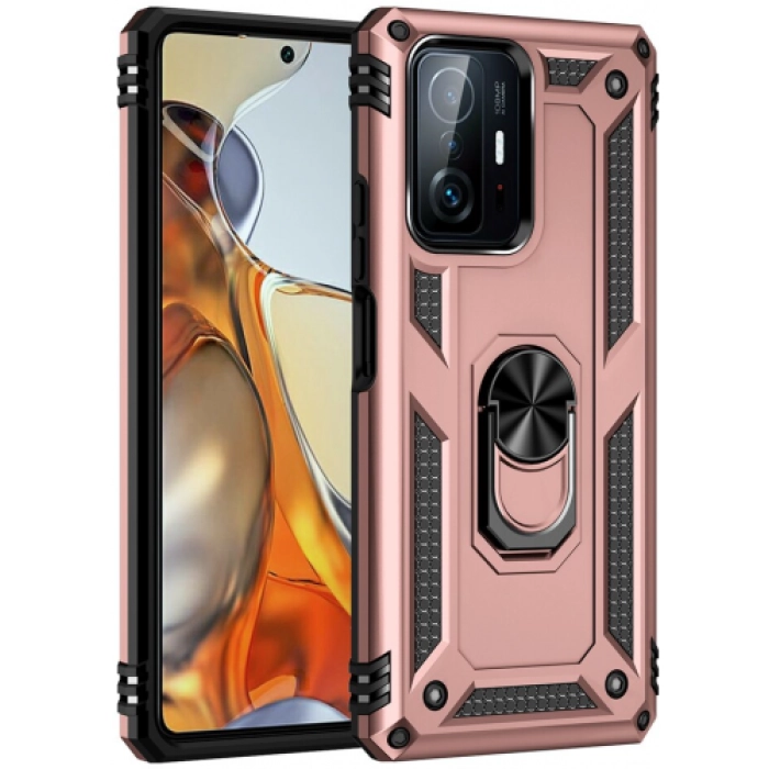 Xiaomi Mi 11T Kılıf Silikon Zırhlı Standlı Yüzüklü Mıknatıslı Tank Kapak - Rose Gold