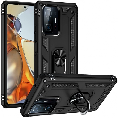 Xiaomi Mi 11T Kılıf Silikon Zırhlı Standlı Yüzüklü Mıknatıslı Tank Kapak - Siyah