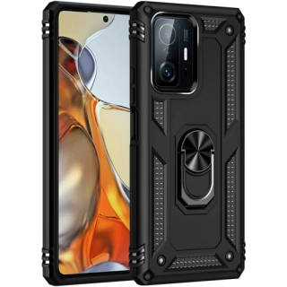 Xiaomi Mi 11T Kılıf Silikon Zırhlı Standlı Yüzüklü Mıknatıslı Tank Kapak - Siyah