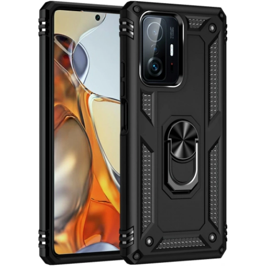 Xiaomi Mi 11T Kılıf Silikon Zırhlı Standlı Yüzüklü Mıknatıslı Tank Kapak - Siyah