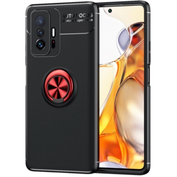 Xiaomi Mi 11T Pro Kılıf Renkli Silikon Yüzüklü Standlı Auto Focus Ravel Kapak - Kırmızı - Siyah