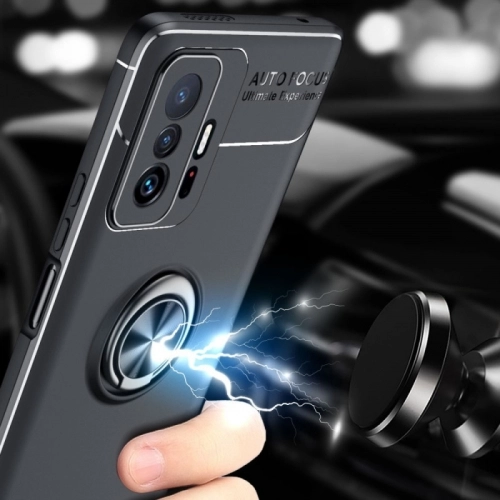 Xiaomi Mi 11T Pro Kılıf Renkli Silikon Yüzüklü Standlı Auto Focus Ravel Kapak - Mavi - Siyah