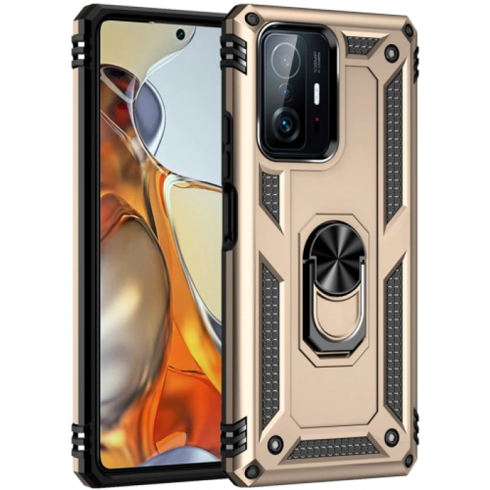 Xiaomi Mi 11T Pro Kılıf Silikon Zırhlı Standlı Yüzüklü Mıknatıslı Tank Kapak - Gold