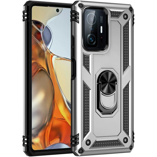 Xiaomi Mi 11T Pro Kılıf Silikon Zırhlı Standlı Yüzüklü Mıknatıslı Tank Kapak - Gümüş