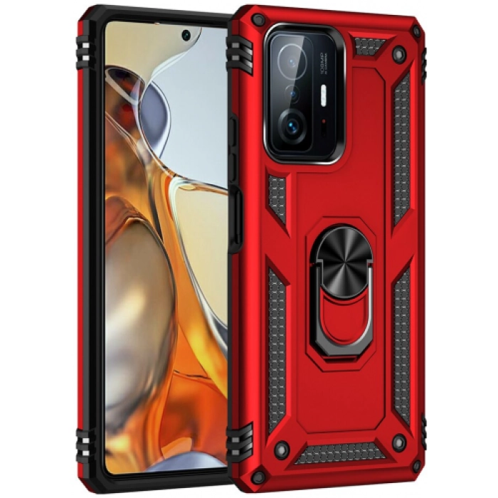 Xiaomi Mi 11T Pro Kılıf Silikon Zırhlı Standlı Yüzüklü Mıknatıslı Tank Kapak - Kırmızı