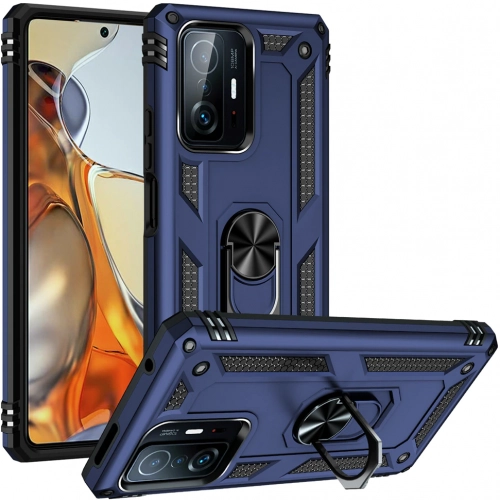 Xiaomi Mi 11T Pro Kılıf Silikon Zırhlı Standlı Yüzüklü Mıknatıslı Tank Kapak - Lacivert