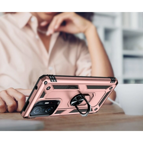 Xiaomi Mi 11T Pro Kılıf Silikon Zırhlı Standlı Yüzüklü Mıknatıslı Tank Kapak - Siyah