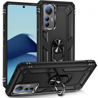 Xiaomi Mi 12 Lite Kılıf Silikon Zırhlı Standlı Yüzüklü Mıknatıslı Tank Kapak - Siyah