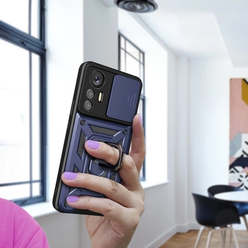 Xiaomi Mi 12 Lite Kılıf Zırhlı Standlı Silikon Sürgülü Kamera Korumalı Tank Kapak - Mavi