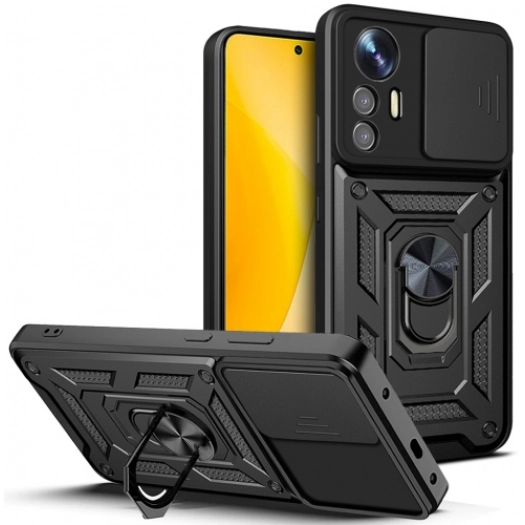 Xiaomi Mi 12 Lite Kılıf Zırhlı Standlı Silikon Sürgülü Kamera Korumalı Tank Kapak - Siyah