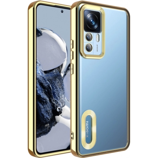 Xiaomi Mi 12T Kılıf Kamera Lens Korumalı Şeffaf Renkli Logo Gösteren Parlak Kapak - Gold
