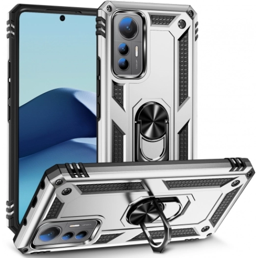 Xiaomi Mi 12T Kılıf Silikon Zırhlı Standlı Yüzüklü Mıknatıslı Tank Kapak - Gümüş