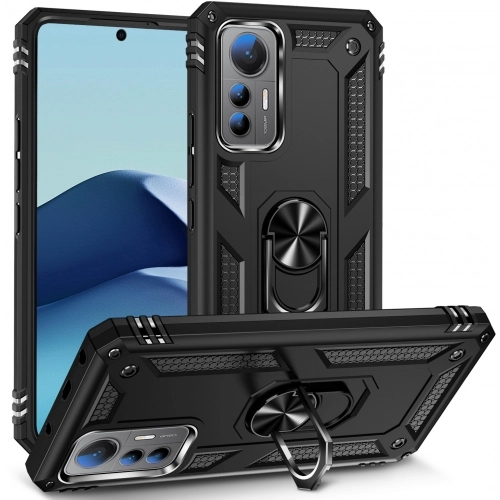 Xiaomi Mi 12T Kılıf Silikon Zırhlı Standlı Yüzüklü Mıknatıslı Tank Kapak - Siyah