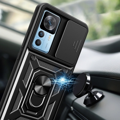 Xiaomi Mi 12T Kılıf Zırhlı Standlı Silikon Sürgülü Kamera Korumalı Tank Kapak - Siyah