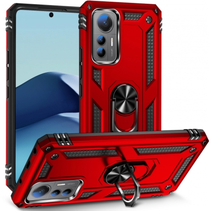 Xiaomi Mi 12T Pro Kılıf Silikon Zırhlı Standlı Yüzüklü Mıknatıslı Tank Kapak - Kırmızı