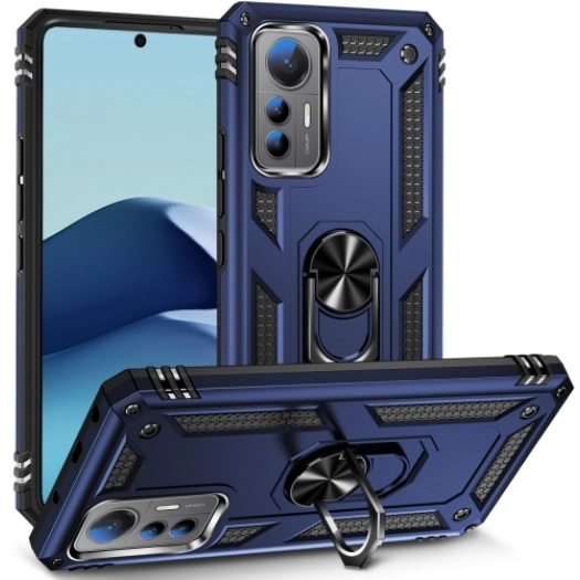 Xiaomi Mi 12T Pro Kılıf Silikon Zırhlı Standlı Yüzüklü Mıknatıslı Tank Kapak - Lacivert