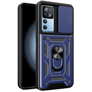 Xiaomi Mi 12T Pro Kılıf Zırhlı Standlı Silikon Sürgülü Kamera Korumalı Tank Kapak - Mavi