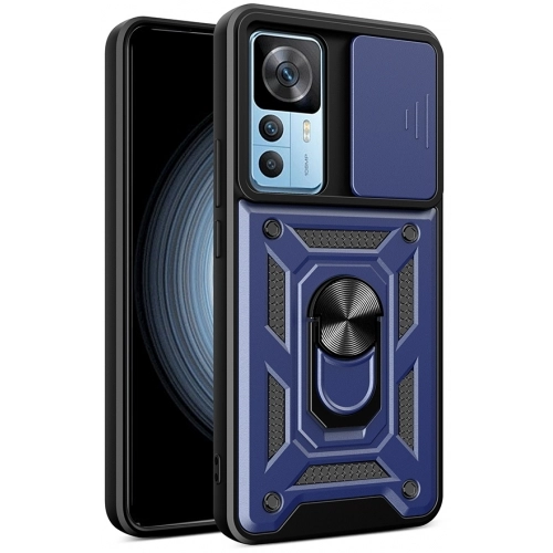 Xiaomi Mi 12T Pro Kılıf Zırhlı Standlı Silikon Sürgülü Kamera Korumalı Tank Kapak - Mavi