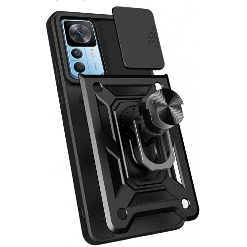 Xiaomi Mi 12T Pro Kılıf Zırhlı Standlı Silikon Sürgülü Kamera Korumalı Tank Kapak - Mavi