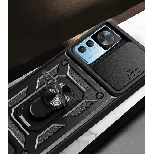 Xiaomi Mi 12T Pro Kılıf Zırhlı Standlı Silikon Sürgülü Kamera Korumalı Tank Kapak - Mavi