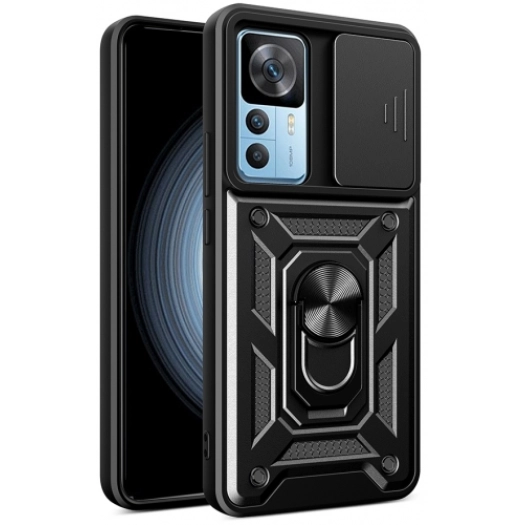 Xiaomi Mi 12T Pro Kılıf Zırhlı Standlı Silikon Sürgülü Kamera Korumalı Tank Kapak - Siyah