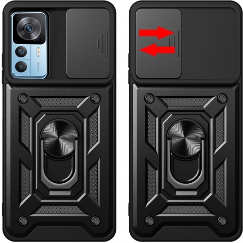 Xiaomi Mi 12T Pro Kılıf Zırhlı Standlı Silikon Sürgülü Kamera Korumalı Tank Kapak - Siyah