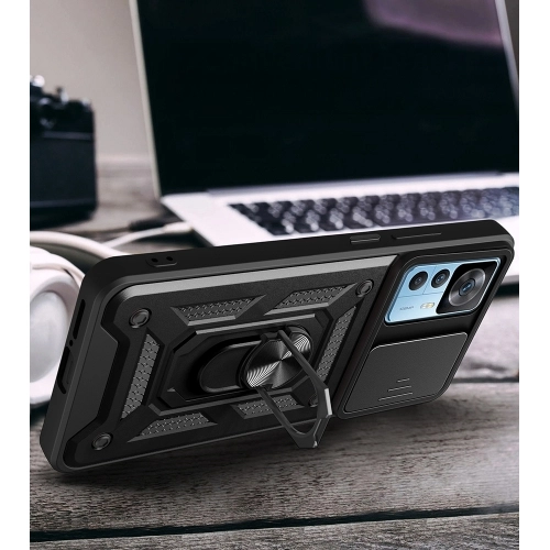 Xiaomi Mi 12T Pro Kılıf Zırhlı Standlı Silikon Sürgülü Kamera Korumalı Tank Kapak - Siyah