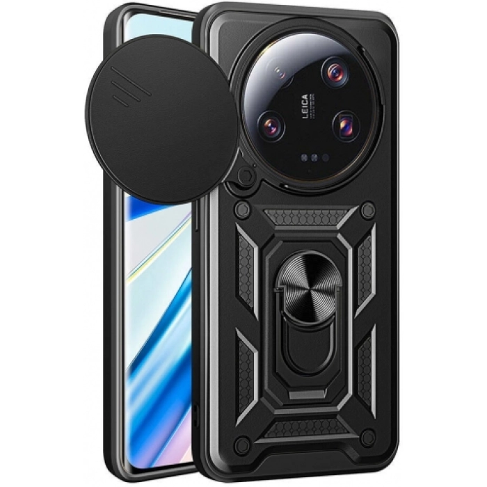 Xiaomi Mi 13 Ultra Kılıf Zırhlı Standlı Silikon Sürgülü Kamera Korumalı Tank Kapak - Siyah