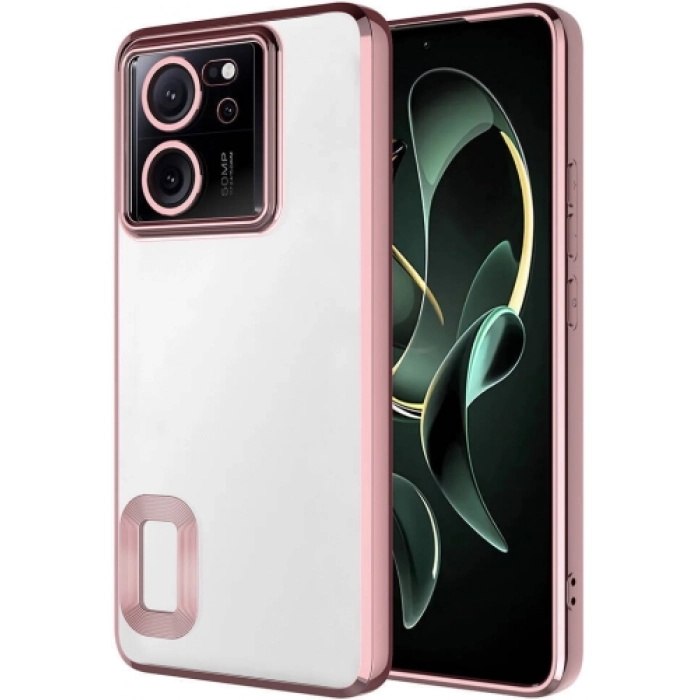 Xiaomi Mi 13T Kılıf Kamera Lens Korumalı Şeffaf Renkli Logo Gösteren Parlak Kapak - Rose Gold