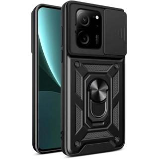 Xiaomi Mi 13T Kılıf Zırhlı Standlı Silikon Sürgülü Kamera Korumalı Tank Kapak - Siyah