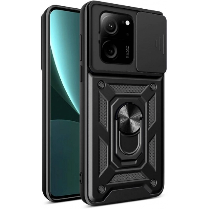 Xiaomi Mi 13T Kılıf Zırhlı Standlı Silikon Sürgülü Kamera Korumalı Tank Kapak - Siyah