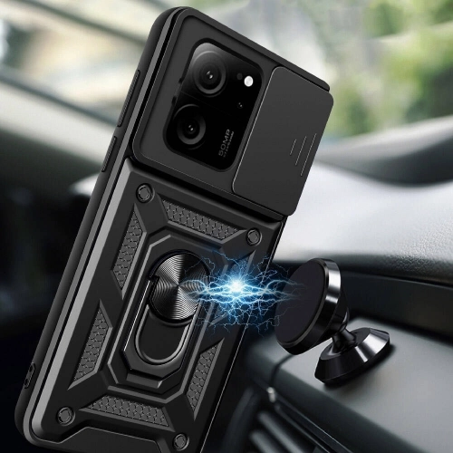 Xiaomi Mi 13T Kılıf Zırhlı Standlı Silikon Sürgülü Kamera Korumalı Tank Kapak - Siyah