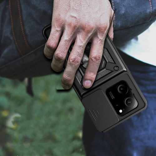 Xiaomi Mi 13T Kılıf Zırhlı Standlı Silikon Sürgülü Kamera Korumalı Tank Kapak - Siyah