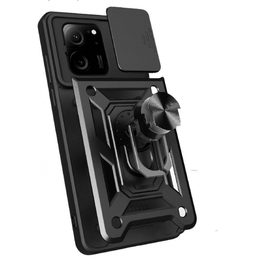 Xiaomi Mi 13T Pro Kılıf Zırhlı Standlı Silikon Sürgülü Kamera Korumalı Tank Kapak - Siyah