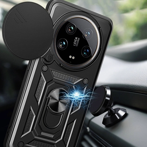 Xiaomi Mi 14 Ultra Kılıf Zırhlı Standlı Silikon Sürgülü Kamera Korumalı Tank Kapak - Mavi