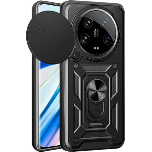 Xiaomi Mi 14 Ultra Kılıf Zırhlı Standlı Silikon Sürgülü Kamera Korumalı Tank Kapak - Siyah