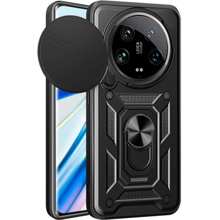 Xiaomi Mi 14 Ultra Kılıf Zırhlı Standlı Silikon Sürgülü Kamera Korumalı Tank Kapak - Siyah