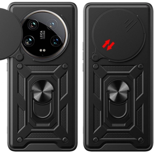 Xiaomi Mi 14 Ultra Kılıf Zırhlı Standlı Silikon Sürgülü Kamera Korumalı Tank Kapak - Siyah