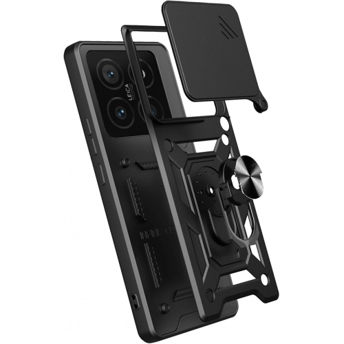 Xiaomi Mi 14T Kılıf Zırhlı Standlı Silikon Sürgülü Kamera Korumalı Tank Kapak - Siyah