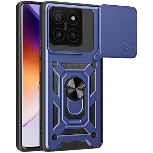 Xiaomi Mi 14T Pro Kılıf Zırhlı Standlı Silikon Sürgülü Kamera Korumalı Tank Kapak - Mavi