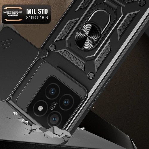 Xiaomi Mi 14T Pro Kılıf Zırhlı Standlı Silikon Sürgülü Kamera Korumalı Tank Kapak - Mavi