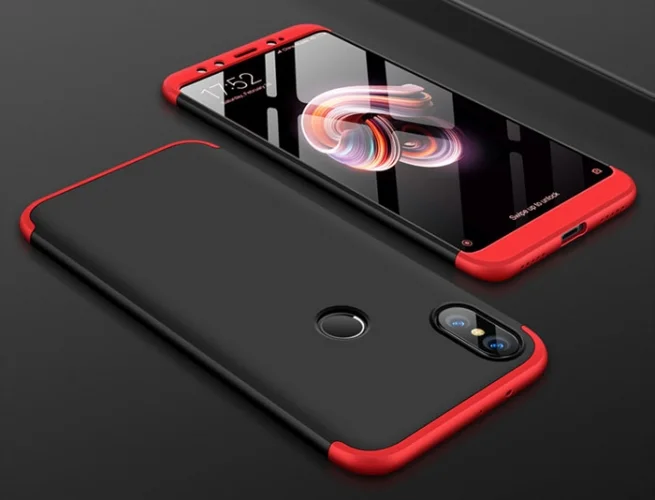 Xiaomi Mi 8 Kılıf 3 Parçalı 360 Tam Korumalı Rubber AYS Kapak  - Kırmızı - Siyah