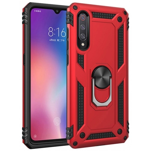 Xiaomi Mi 9 Kılıf Silikon Zırhlı Standlı Yüzüklü Mıknatıslı Tank Kapak - Kırmızı